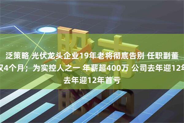 泛策略 光伏龙头企业19年老将彻底告别 任职副董事长仅4个月;为实控人之一 年薪超400万 公司去年迎12年首亏